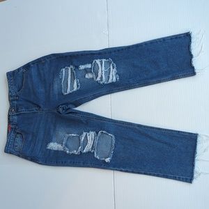 Hot Kiss Highest Rise Straight Leg Distressed Ripped Mom Jeans Junior 15 Blue